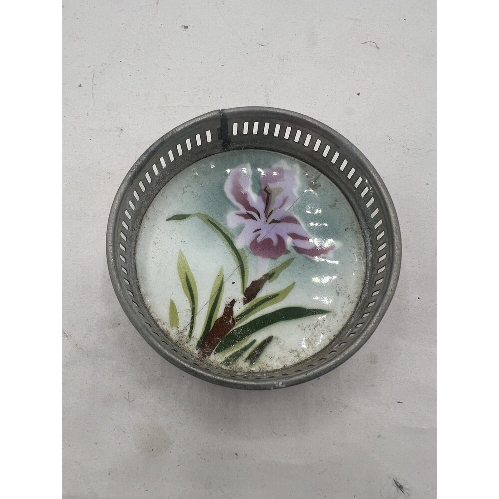 Antique Bohemian Porcelain Wine Bottle Coaster Embossed Flowers Metal Rim 3”